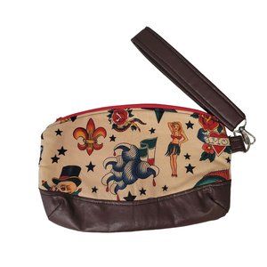 pinup ed hardy style tattoo makeup cosmetic bag change purse wristlet